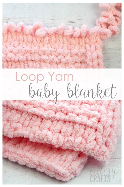 How to Make a Loop Yarn Baby Blanket - Cutesy Crafts Loop Yarn Baby Blanket, Finger Knitting Blankets, Chunky Yarn Blanket, Loopy Yarn, Knit Baby Blanket Pattern Free, Finger Knitting Projects, Diy Knit Blanket, Diy Baby Blanket, Finger Crochet