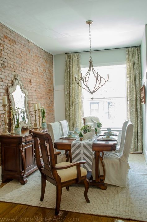 Reclaim the Dining Room Challenge from Love the Home You Have - "What if we stopped coveting, and pining, and pinning, and wishing for our dream home and instead chose to love the home we have?" - @HomeStoriesAtoZ White Brick Wall, Accent Wall Bedroom, Rock Wall, White Brick, Luxury Dining, French Country House, Modern Dining Room, Dining Room Design, Bed Decor