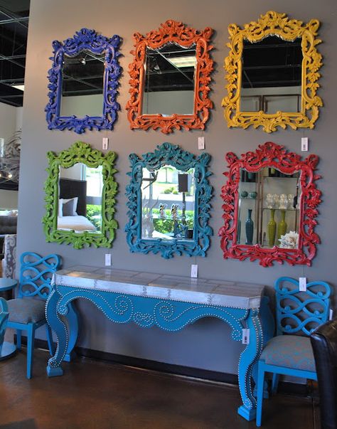 Colorful Mirror Frame, Painted Mirror Frames, Paint A Mirror Frame, Paint A Mirror, Mirror Decorating Ideas, Red Photos, Colorful Mirror, Baroque Mirror, Colorful Frames