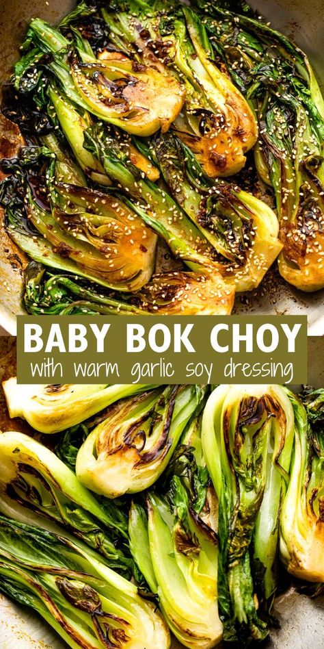 Crisp-tender baby bok choy are lightly sauteed, and then paired with an Asian-style sauce of fresh garlic, soy sauce, sesame oil, and sriracha. Baby Bokchoy Healthy, Baby Book Choy Recipe, Bokchoy Sidedish Korean, Bom Choy Recipes, Baby Bokchoy Grilled, Baby Bokchoy Sidedish, Boo Choy Recipes, Bokchoy Sidedish, Book Choi