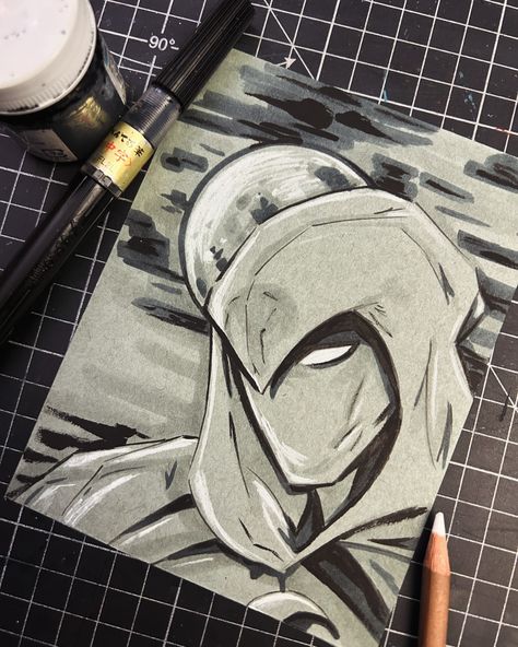 Winding down on Sunday evening with one of my favorite characters - Moon Knight 🌙 liner pen, ink brush, gray tone markers, and white charcoal pencil 🎨 . . .dont mind the bad tangent 😂 #moonknight #art #drawing #marvel #comicart #marvelart #inkart #comicbooks #humanart #comics #fyp #artistsoninstagram Moon Knight Painting, Moon Knight Dibujo, Moon Knight Drawing, Moon Knight Sketch, Marvel Drawings Pencil, Moon Knight Art, Marker Pen Drawing, Marvel Sketches, Moonknight Marvel