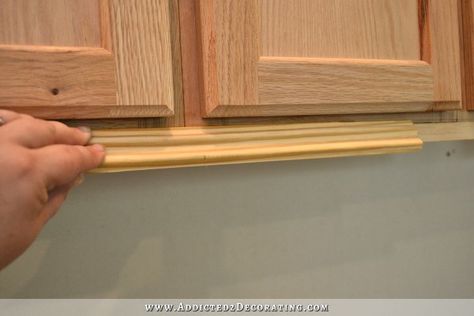 Baseboards And Trim Ideas, Wall Of Cabinets, Kitchen Cabinet Molding, Painting Kitchen Cabinets White, Tall Kitchen Cabinets, Cabinet Molding, Mobile Home Renovations, Cabinet Trim, Upper Kitchen Cabinets