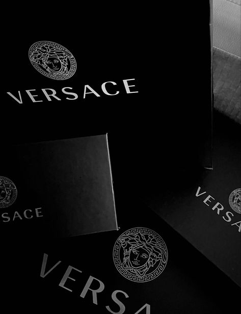 Versace Black And White Aesthetic, Black Aesthetic Brands, Rich Aesthetic Shopping, Rich Brands Aesthetic, Famous Brands Aesthetic, Luxury Designer Aesthetic, Versace Gift Box Aesthetic, Versace Astethic, Luxury Brand Ambassador Aesthetic