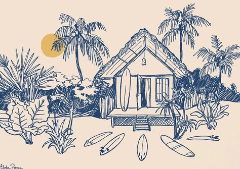 Bungalow Illustration, Surf Bungalow, Surf Artwork, Livin The Dream, Beach Sketches, Coffee Place, Surf Art, Art Collage Wall, Art Inspiration Painting