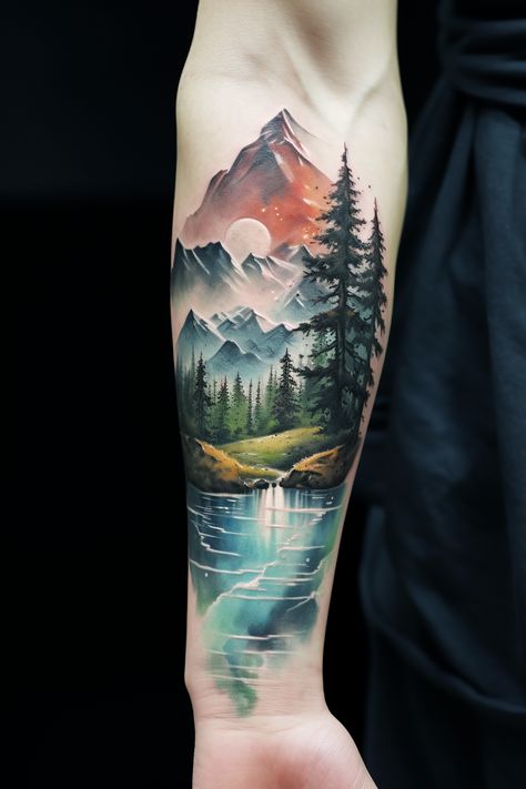 Mountain Tattoo Color, Wilderness Tattoo Women, Colour Realism Tattoo, Sean Tattoo, Cool Space Tattoos, Landscape Tattoos, Forest Tattoo Sleeve, Space Tattoo Ideas, New Tattoo Ideas