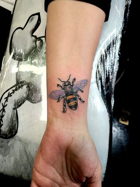 Bee Wrist Tattoo, Bee Tattoo Ideas, Bee Tattoo, Tattoo Ideas For Women, Wrist Tattoo, Tattoo Supplies, Honey Colour, Wrist Tattoos, Lotus Flower Tattoo