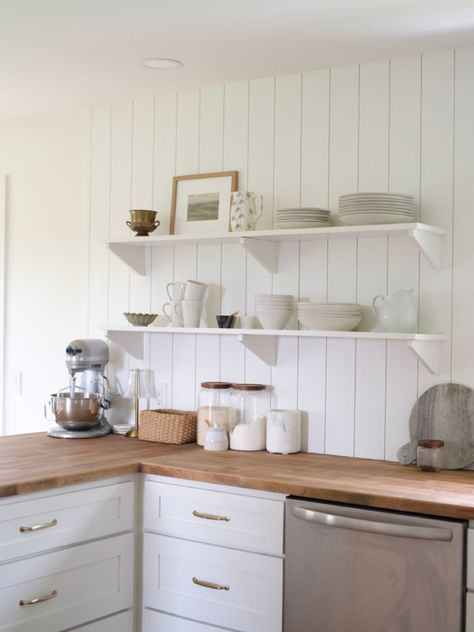 Vertical Shiplap Backsplash, White Open Shelves, Kitchen With Open Shelves, White Kitchen Shelves, Cottage Farmhouse Kitchen, Kitchen With Open Shelving, Vertical Shiplap, Shiplap Kitchen, Shiplap Backsplash