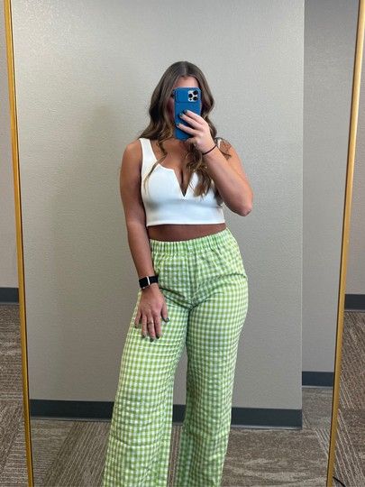 Green plaid pants, white crop top, gold necklace #LTKsalealert #LTKfit #LTKstyletip Green Gingham Pants Outfit, Green Plaid Pants Outfit, Green Gingham Pants, Green Plaid Outfit, Green Crop Top Outfit, Checkered Pants Outfit, Green Plaid Pants, Plaid Pants Outfit, Checker Pants