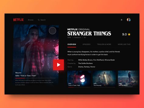 An attempt to redesign the Netflix Show Detail page. I had doubts about including the immediate next episodes in the Overview tab as it makes the information redundant. I've included it considering... Netflix Redesign, Netflix Theme, Demogorgon Stranger Things, Web Design Websites, 포트폴리오 레이아웃, Movie App, Netflix Show, Texture Graphic Design, Spiderman Artwork