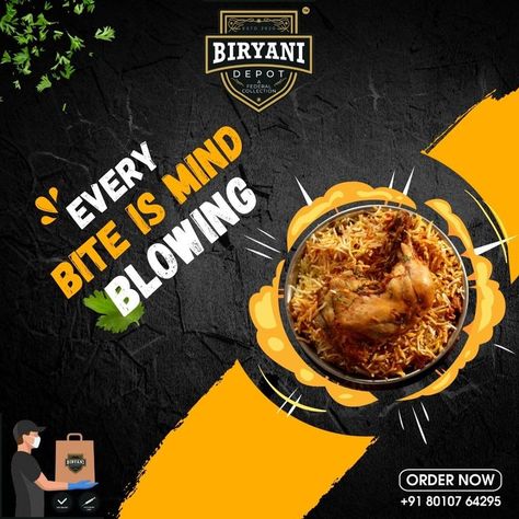 Try MIND BLOWING food from Biryani Depot now! #biryanidepotbiryani #BiryaniDepotFood #Biryani #Biryaniofficial #orderfrombiryanidepot #biryanidepotmenu #biryanidepotpune #restaurantsinpune #orderionswiggy #bestfoodinpune #punefoodvlog #foodgasm #bestrestaurantinpune #orderonzomato #biryanidepot #biryaniday #biryanilove #biryanidepot #bestfoodinpune#loveforbiryani #biryanilovers #punebiryani #punekars #punefoodies #punebhukkad #punefoodhunt #punefoodfactory Creative Pizza, Food Web Design, Instagram Branding Design, Food Captions, Photoshop Design Ideas, Social Media Advertising Design, Food Banner, Creative Advertising Design, Food Menu Design