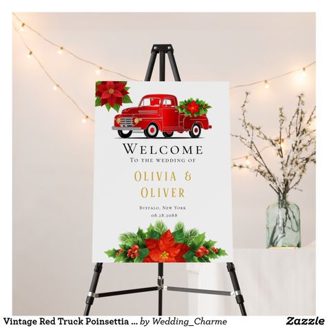 Vintage Red Truck Poinsettia Wedding Welcome Sign Engagement Welcome Sign, Christmas Engagement Party, Welcome Sign Wedding, Christmas Engagement, Red Poinsettia, Wedding Posters, Wedding Winter, Wedding Welcome Sign, Wedding Welcome Signs