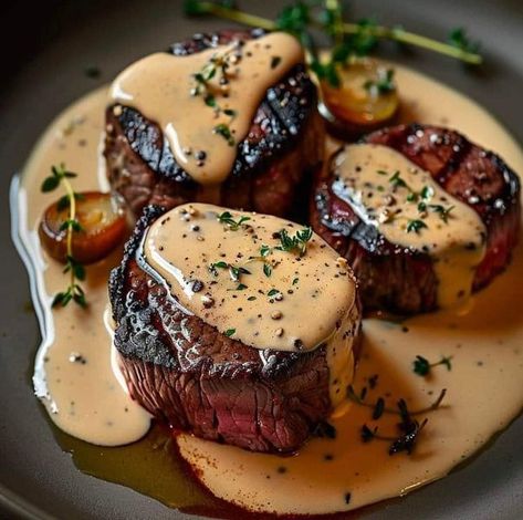 Chef paula deen | Seared Filet Mignon with Shallot Peppercorn Cream Sauce 😋 😍  | Facebook Italian Steak Recipes, Peppercorn Cream Sauce, Seared Filet Mignon, Filet Mignon Sauce, Creamy Peppercorn Sauce, Mustard Cream Sauce, Beef Entrees, Mignon Steak, Filet Mignon Recipes