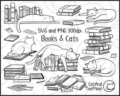 Paws and Play: Clip Art Cats Extravaganza Books And Cat Svg, Cat Sleeping On Books Drawing, Cat On Bookshelf Drawing, Books On Shelf Doodle, Books And Cats Svg, Cat And Books Illustration, Cat Sleeping On Books Tattoo, Cat On Stack Of Books Tattoo, Cat And Book Drawing