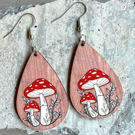 Groovy Mushroom Wood Earrings Dangle Tear Drop Retro Hippie Boho Gift Brand New In Original Package No Tags Attached Wooden Dangle Drop Earrings Cute Mushrooms With Plant Leafy Vines Great For Home Office Work Or School Christmas Holiday Party Stocking Stuffer Gift ***Check Out My Other Great Items*** Bundle & Save $$ On Shipping Turkey Mushroom, Squirrel Cute, Groovy Mushroom, Wood Jewelry Diy, Mushroom Jewelry, Turquoise Western, Laser Cut Earrings, Hand Painted Earrings, Wood Christmas Ornaments