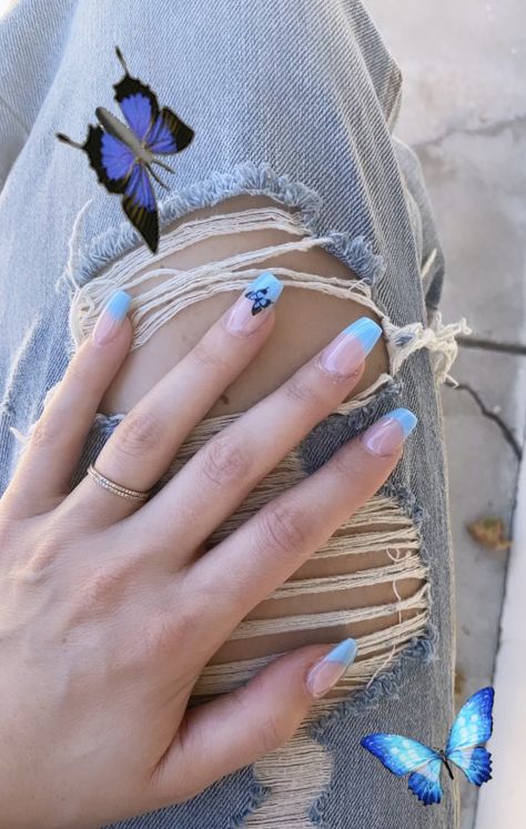 Baby Blue French Tip With Butterflies, Nails With Butterflies Blue, Blue Butterfly Nails Short, Baby Blue Nails With Butterflies, French Tip With Butterflies, Baby Blue Nails French Tip, Baby Blue Butterfly Nails, Blue French Tip Nails With Design, French Nails With Butterfly