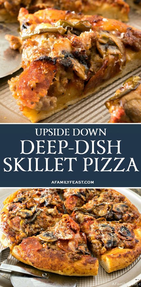 You won’t need a special deep-dish pizza pan to make this easy and delicious Upside-Down Deep-Dish Skillet Pizza. Skillet Pizza Recipe, Upside Down Pizza, Deep Dish Pizza Recipe, Skillet Pizza, Easy Homemade Pizza, Pizza Pan, Pizza Recipes Homemade, Deep Dish Pizza, Pan Pizza