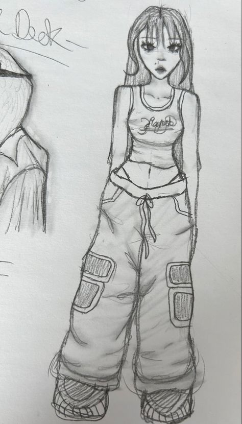 Y2k Outfit Sketch, Sketchbook Art People, Y2k Person Drawing, Y2k Characters Drawing, How To Draw Y2k Clothes, Art Sketches Y2k, Cute Drawings Y2k, Y2k Style Drawing, Y2k Drawings Girl