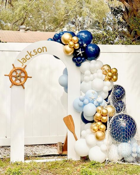 Sailor Baby Shower Theme, Nautical Birthday Decorations, Nautical Baby Shower Boy, Sailor Baby Showers, Sailor Birthday, Surf Birthday Party, 2nd Birthday Party For Boys, First Birthday Balloons, Nautical Birthday Party