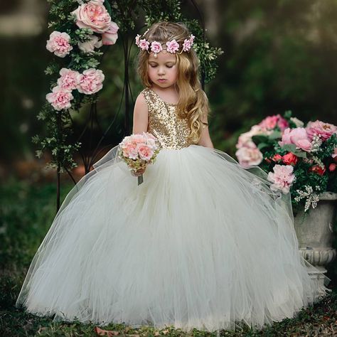 Long Flower Girl Dresses, Gold Sequin Top, Cheap Flower Girl Dresses, Princess Flower Girl Dresses, Princess Flower, Ivory Flower Girl, Cheap Flowers, Cute Princess, Foto Poses