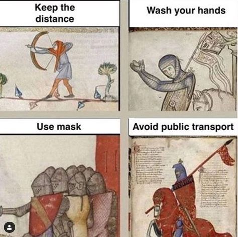 https://i.chzbgr.com/full/9474534656/hE3EC0770/person-keep-distance-wash-hands-use-mask-avoid-public-transport Crusades Art, Stone Emoji, Middle Ages Art, Funny Medieval, Medieval Memes, Weird History, Historical Humor, Funny Art History, Classical Art Memes