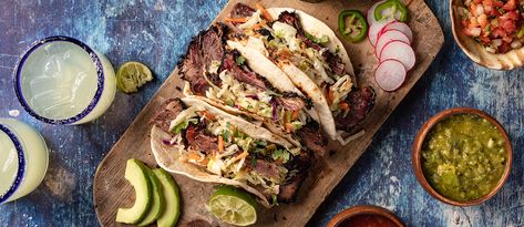 Brisket Tacos with Triple Salsa. Check out this recipe and more Texas Favorites at the new beeflovingtexans.com Authentic Mexican Salsa, Brisket Tacos, Birria Tacos, Smoked Beef Brisket, London Broil, Recipes Beef, Smoked Brisket, Coleslaw Mix, Secret Menu