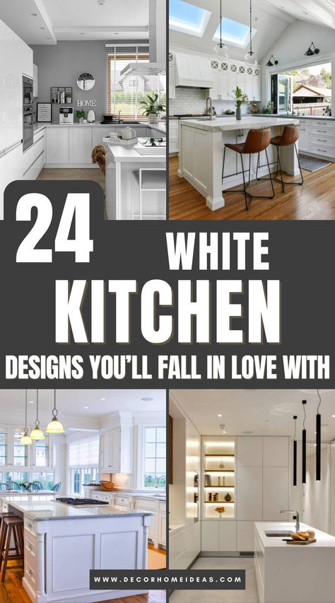 White Kitchen With Wood Peninsula, White Kitchen Cabinets With Marble Countertops, Ikea White Kitchen Ideas, Transitional White Kitchen Ideas, Kitchen With White Cabinets Ideas, White Cabinet Kitchen Decor, All White Kitchen Modern, White Kitchens 2024, Kichen Cabinate Design New