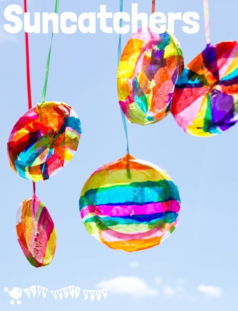 Here's a colourful and easy suncatcher craft kids of all ages can enjoy. But be prepared they won't want to stop at just making one! Diy Suncatchers, Tissue Paper Crafts, Kids Craft Room, Suncatcher Craft, Summer Crafts For Kids, Diy Crafts For Kids Easy, Crafts For Kids To Make, Kids Diy, Childrens Crafts