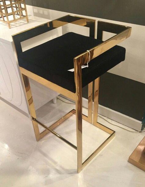 Randolph Contemporary bar stool in brass & black velvet | www.bocadolobo.com #bocadolobo #luxuryfurniture #exclusivedesign #interiodesign #designideas #partnerbrand #luxurybrand #koket #”barfurnitureideas” Leather Furniture Decor, Black Leather Furniture, Kursi Bar, Smart Tiles, Gold Chair, Contemporary Bar Stools, Home Bar Decor, Trendy Kitchen, Steel Furniture