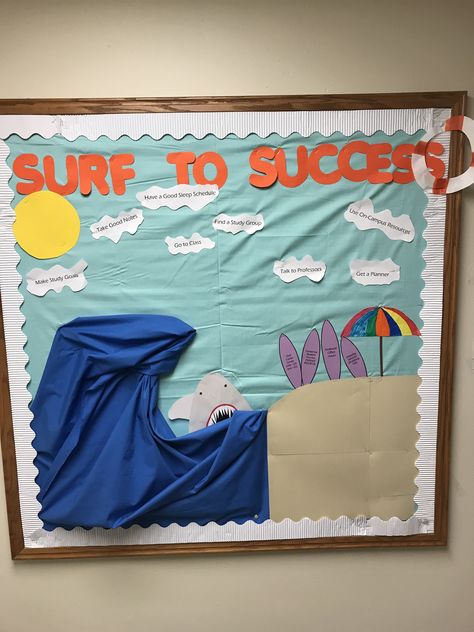 Island Theme Bulletin Board, Surf Bulletin Board, Beach Themed Bulletin Board Ideas, Shark Bulletin Board, Beach Bulletin Board Ideas, Beach Bulletin Boards, Recognition Board, Hall Themes, Staff Bulletin Boards