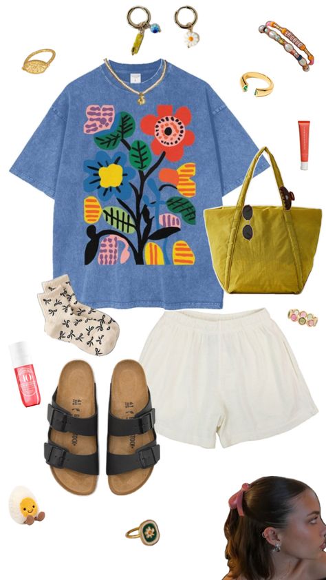 graphic tee, cotton shorts, birkenstocks, cozy socks, gold jewelry, beaded jewelry, summer jewelry, short hair, ribbon, baggu cloud bag, sol de janeiro 40 Short Hair Ribbon, Beaded Jewelry Summer, Cloud Bag, Jewelry Summer, Hair Ribbon, Cozy Socks, Jewelry Beaded, Everyday Outfit, Cute Everyday Outfits