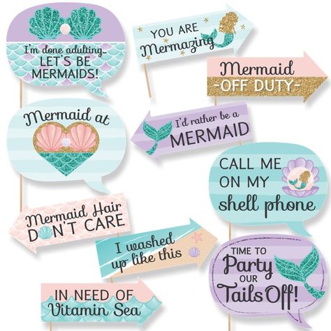 Mermaid Birthday Party Photo Booth, Mermaid Theme Photo Booth, Mermaid Birthday Sayings, Mermaid Party Props, Mermaid Theme Party Decorations Diy, Mermaid Photo Booth Props, Mermaid Photo Booth, Crowd Photo, Candy Buffet Birthday