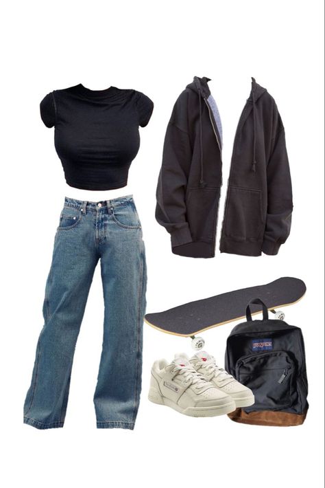 Highschool Girls Style, What To Wear To School Highschool, Bagy Outfits For Girl, Skater School Outfits, Skateboarding Outfits Girl Style, School Baggy Outfits, Skate Girl Aesthetic Outfit, Skatergirl Aesthetic Outfits, Female Skater Style Outfits