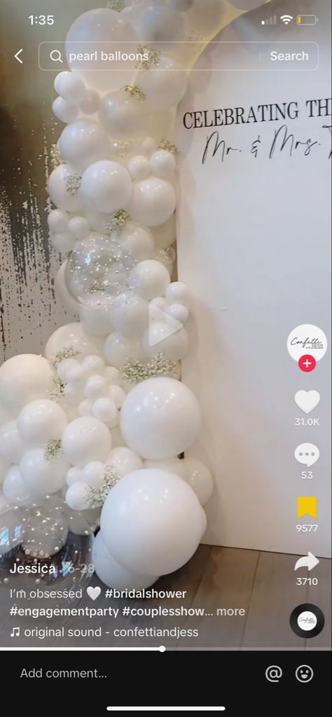 Engagement Party Centerpieces, Engagement Party Balloons, Engagement Party Backdrop, White Engagement Party, Pearl Bridal Shower, Pearl Balloons, Bridal Shower Inspo, Pearl Party, Bridal Shower Balloons