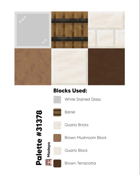 Minecraft block palette including white stained glass, barrel, quartz brick, brown mushroom block, quartz block, and brown terracotta! Follow for more :) natural, nature, aesthetic, cute, mcyt, mc, neutral, simple Minecraft Palates, Minecraft Palettes, Minecraft Block Palette, Minecraft Pallets, Block Pallets, Rumah Minecraft Sederhana, Minecraft Things, Minecraft Blocks, Building Inspiration