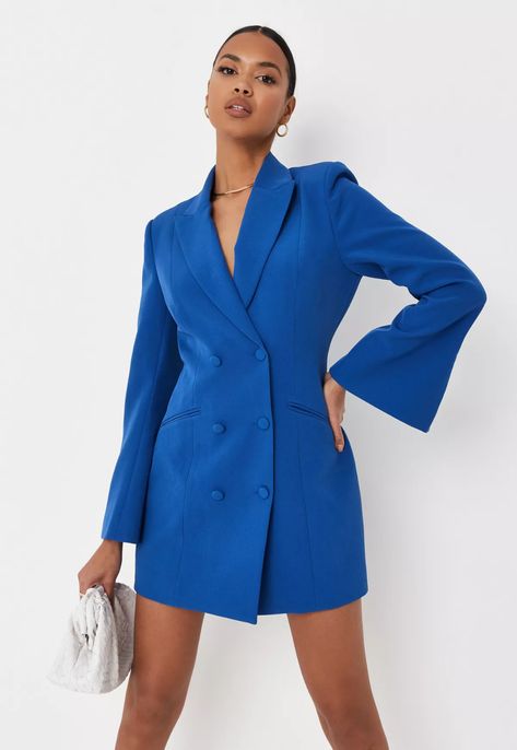 Cobalt Blue Flare Sleeve Fitted Blazer Mini Dress | Missguided Blazer Mini Dress, Oversized T Shirt Dress, Cobalt Blue Dress, Zip Dress, Dress Order, Black Flare, Dress Shirt Sleeves, Stylish Work Outfits, Denim Shirt Dress