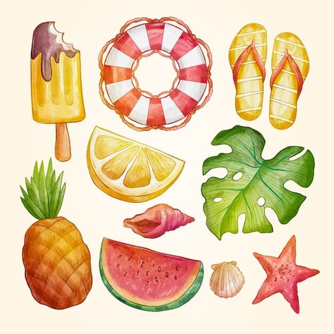 Free vector watercolor summer elements c... | Free Vector #Freepik #freevector #summer-collection #summer-watercolor #summer-elements #summer-season Summer Elements, Summer Drawings, Cookies Theme, Watercolor Clip Art, Summer Clipart, Summer Illustration, Painted Bags, Summer Theme, Window Art