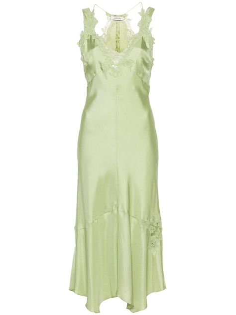 light green silk glossy finish floral lace appliqué cut-out detailing V-neck sleeveless flared hem below-knee length Green Victorian Dress, Light Green Dress, Designer Mini Dresses, Pastel Dress, Green Mini Dress, Silk Slip Dress, Applique Dress, Green Outfit, Agent Provocateur