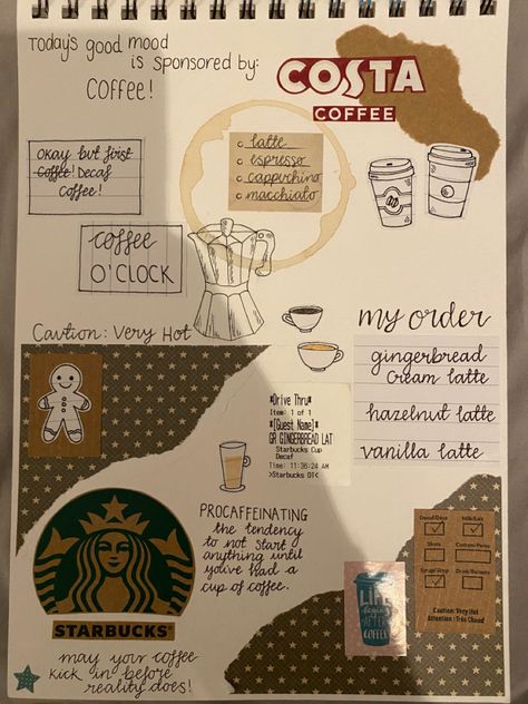 Starbucks Journal Ideas, Coffee Themed Scrapbook Page, Scrapbook Coffee Theme, Coffee Journal Page, Coffee Junk Journal Ideas, Bestie Journal Page Ideas, Coffee Journal Aesthetic, Coffee Scrapbook Ideas, Coffee Journal Ideas