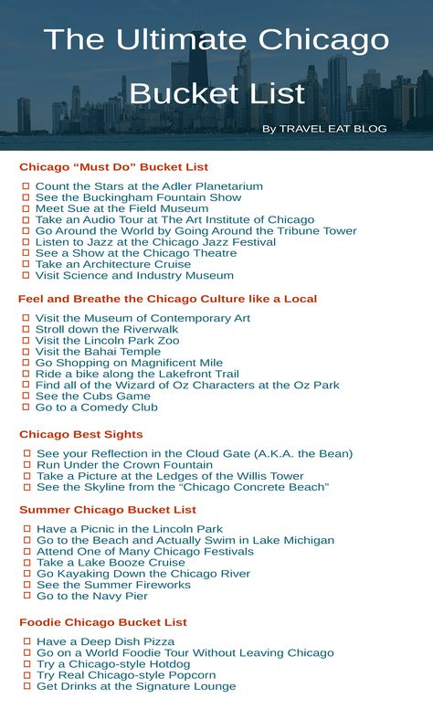 Chicago is an amazing city hundreds of unique things to do and foods to try.  Use this Chicago Bucket list for a unique and exciting Chicago vacation. Couple Bucket Lists, Chicago Places To Visit, Chicago Itinerary, Chicago Bucket List, Chicago Travel Guide, Chicago Christmas, Chicago Vacation, Chicago Things To Do, Places In Chicago