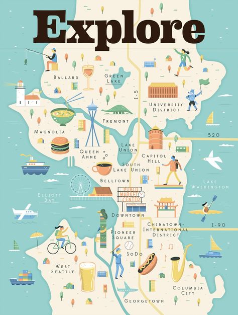 Map illustration: A step by step guide | Creative Bloq Maps Illustration Design, Create Your Own Map, City Guide Layout, Digital Art Software, City Maps Illustration, Visit Seattle, City Guide Design, Create A Map, Seattle Map