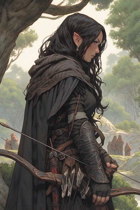 Elvish Archer Female, Wood Elf Rogue Female Dnd, Wood Elf Ranger Female Dnd, Fantasy Ranger Art, Rogue Elf Female, Rogue Dnd Female Characters, Dnd Female Ranger, Dnd Wood Elf Female, Elf Rogue Female Dnd