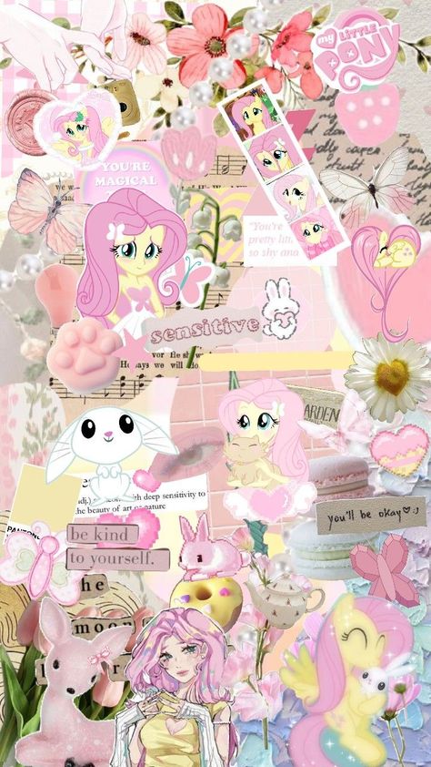 Flutter Shy Wallpaper, Fluttershy Wallpaper Iphone, Cute Wallpapers Collage, Fluttershy Wallpaper, Pastel Kidcore, Gorgeous Wallpaper, Wonderland Artwork, My Little Pony Costume, Scene Wallpaper