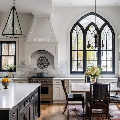 Modern Gothic Kitchen, Victorian House Aesthetic, Farmhouse Gothic, Dark House Aesthetic, Victorian Gothic Home Decor, Gothic Farmhouse, Morgantown West Virginia, Gothic Kitchen, Gothic Windows