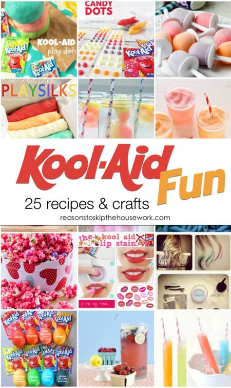 Who doesn't love Kool Aid?  Come find 25 fun recipes and crafts that use Kool Aid! #koolaid  http://www.reasonstoskipthehousework.com/kool-aid-projects/ Dots Candy, Festa Harry Potter, Kool Aid, Food Drinks, Summer Crafts, Crafts To Do, Craft Activities, Projects For Kids, Kids Crafts