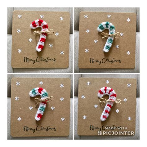 Christmas Crafts Candy Canes, Crochet Christmas Cards Ideas, Crochet Christmas Cards, Christmas Card Crochet, Crochet Cards, Xmas Crochet, Crocheted Christmas, Crochet Christmas Stocking, Crochet Xmas