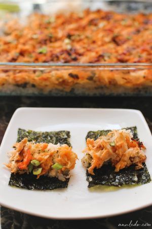 Salmon Sushi Bake - Ann Le Do Sushi Bake Recipe Easy, Salmon Sushi Bake Recipe, Baked Sushi Recipe, Salmon Sushi Recipes, Salmon Sushi Bake, Sushi Bake Recipe, Entertaining Meals, Spicy Salmon Sushi, Sushi Bake