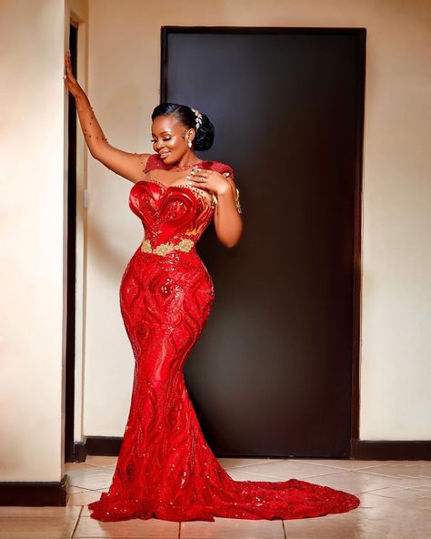 Wedding Accessories and More on Instagram: “ELINA... Red is not just a color. It’s an attitude. It’s a story. It’s art that not everyone understands. • CATEGORY: CUSTOMIZED DRESS AND…” Customized Dress, Sparkly Fashion, Engagement Gowns, African Lace Styles, Red Mermaid, Lace Styles, African Lace, Evening Formal, Aso Ebi