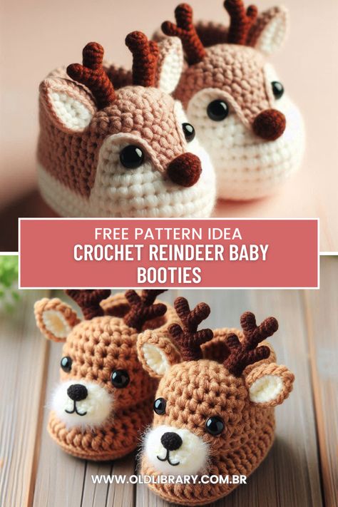 Learn how to crochet reindeer baby booties, perfect for keeping your little one warm and stylish during winter! Crochet Baby Elf Booties Free Pattern, Crochet Christmas Slippers For Kids, Baby Christmas Crochet Patterns Free, Crochet Reindeer Hat Pattern Free, Reindeer Crochet Pattern Free, Baby Christmas Crochet, Baby Crochet Christmas, Free Crochet Patterns For Christmas, Crochet Christmas Hats