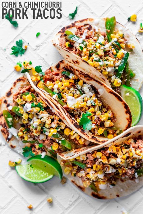 Get your noms on this Taco Tuesday with this one skillet Corn Chimichurri Pork Tacos Recipe! With a spicy corn and cilantro chimichurri, and juicy ground pork with poblano peppers topped with cool lime crema, these tacos pack an enormous amount of flavor in each and every tortilla. From Minneapolis Food Blogger Karly Gomez | asimplepantry.com Chimichurri Pork, Ground Pork Tacos, Minneapolis Food, Cilantro Chimichurri, Pork Carnitas Tacos, Cool Lime, Skillet Corn, Ground Pork Recipes, Lime Crema