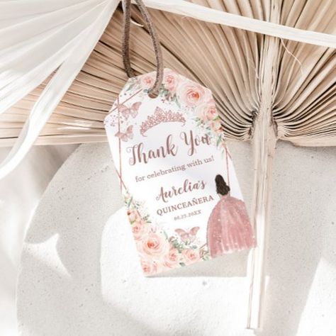 $11.5 | Blush Floral Rose Gold Quinceanera Thank You - blush pink floral, quinceanera thank you favor tag, quinceañera mis quince 15 anos, sweet lovely favour swing tag, sweet 16th 16 sixteen birthday, chic elegant luggage shape tag, gracias por acompañarnos venir, modern rose gold geometric, brunette fair princess dress gown, watercolor roses rose flowers garden Gold Quinceanera, Rose Gold Quinceanera, Sixteenth Birthday, Watercolor Roses, Watercolor Rose, Gold Geometric, Rose Flowers, Dress Gown, Flowers Garden